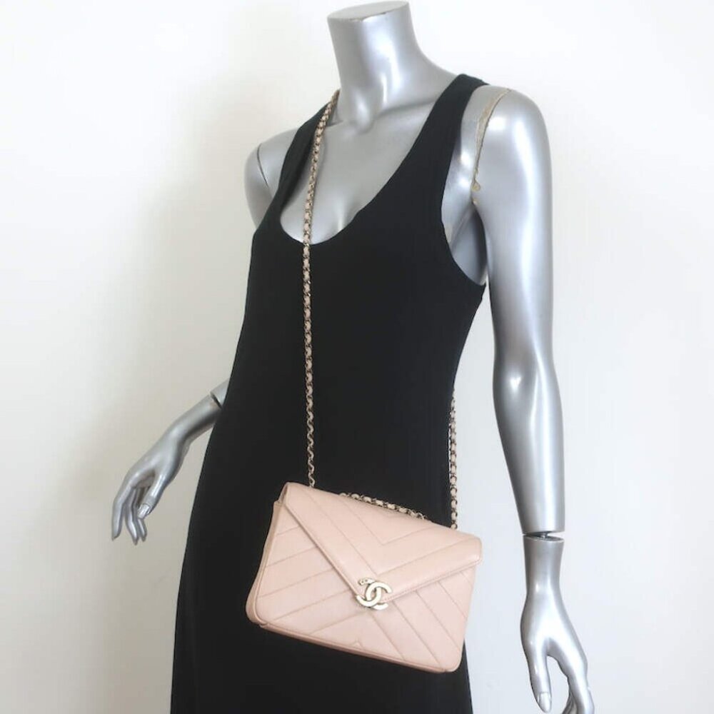 Chanel 2016 Coco Envelope Flap Bag Beige Chevron Quilted Leather Crossbody